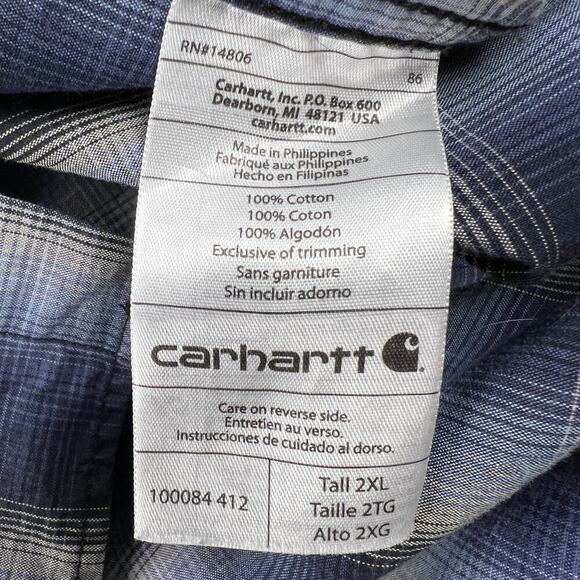 Carhartt Windowpane Plaid 100% Cotton Button Up Work Shirt Blue White Size 2XL - Picture 11 of 14